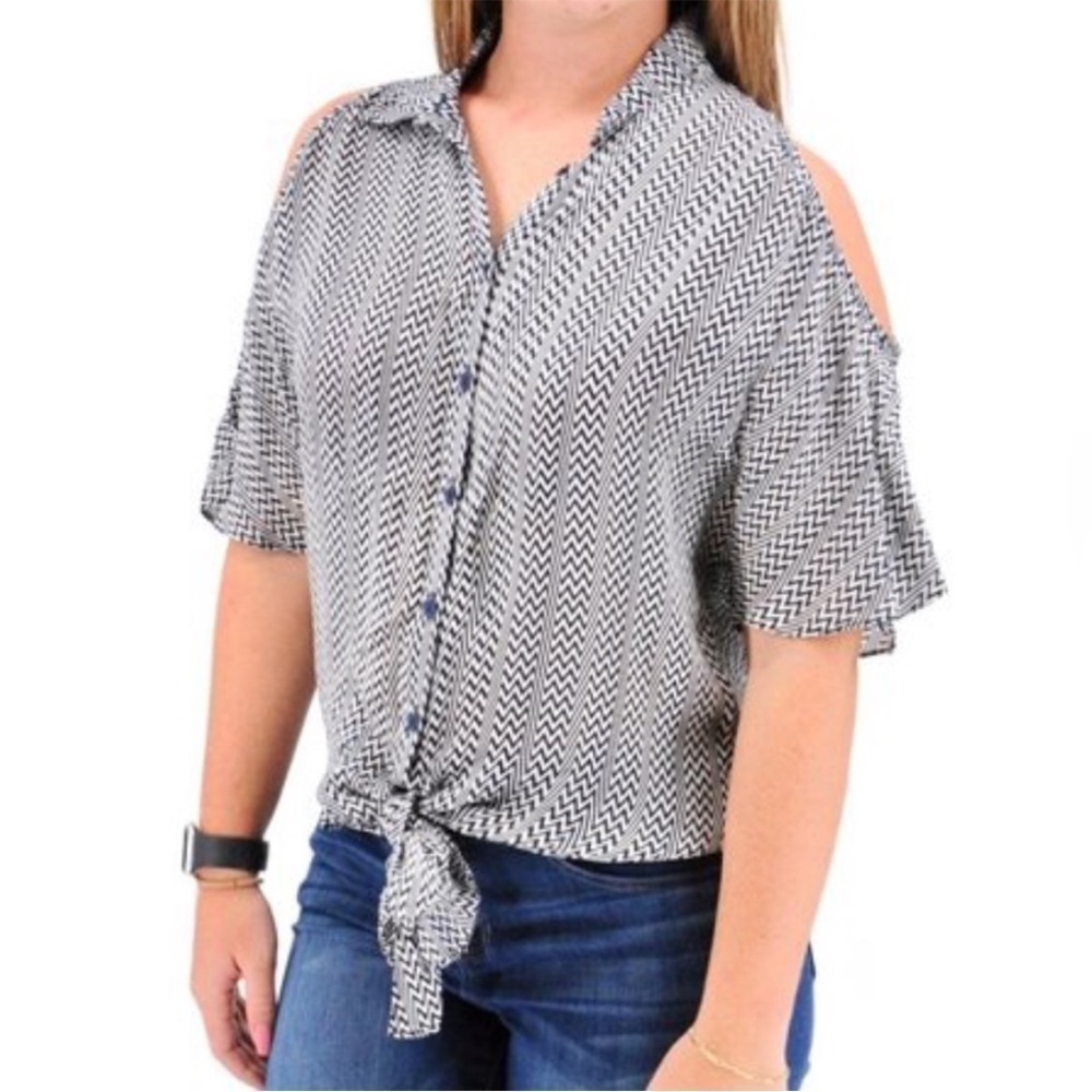 Parker Silk Short Flutter Sleeve Cold Shoulder Button Front Collared Top Size XS